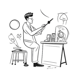 Strichzeichnung eines Mannes, der Jon Bellion darstellt, selbstbewusst im Studio, mit Symbolen für Teamwork und einem Grammy-Symbol, alles vor einem weißen Hintergrund