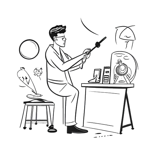 Lijn kunsttekening van een man, die Jon Bellion symboliseert, vol vertrouwen in de studio, met pictogrammen die teamwork en een Grammy symbool illustreren, allemaal tegen een witte achtergrond
