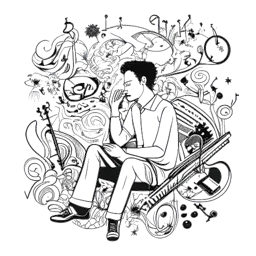 Desenho artístico de um homem, representando Jon Bellion, cercado por uma mistura de ícones musicais e formas abstratas, refletindo a profundidade de seu álbum 'The Human Condition'