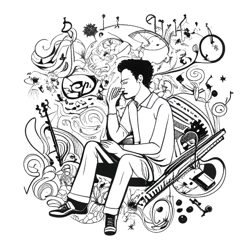 Dessin en traits simples d'un homme, représentant Jon Bellion, entouré d'un mélange d'icônes musicales et de formes abstraites, reflétant la profondeur de son album 'The Human Condition'