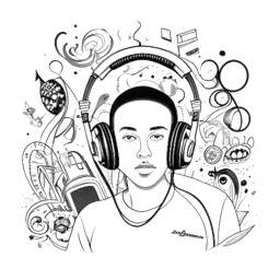 Disegno in stile line art di un uomo, che rappresenta Jon Bellion, con le cuffie concentrato sulla sua mixtape in mezzo a note musicali e simboli, il tutto su uno sfondo bianco