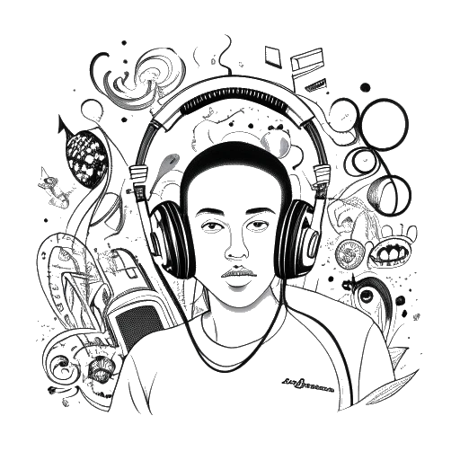 Strichzeichnung eines Mannes, der Jon Bellion repräsentiert, mit Kopfhörern, die sich auf sein Mixtape konzentrieren, umgeben von Musiknoten und Symbolen, alles auf einem weißen Hintergrund