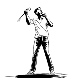 Desenho artístico de um homem, representando Jon Bellion, interagindo energicamente com o público no palco com um microfone, tudo em um fundo branco