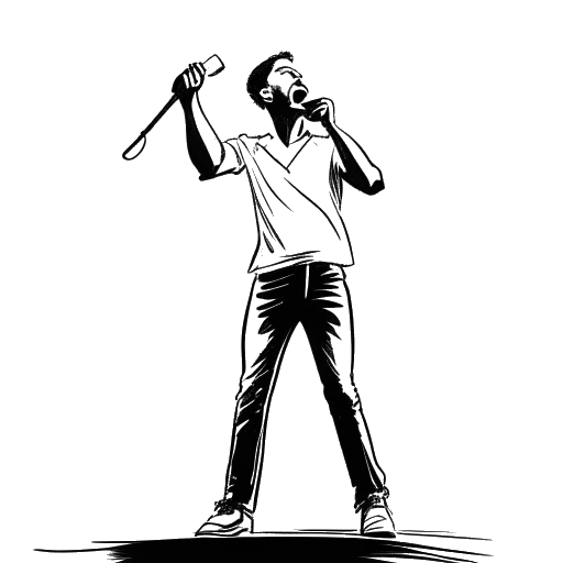 Desenho artístico de um homem, representando Jon Bellion, interagindo energicamente com o público no palco com um microfone, tudo em um fundo branco