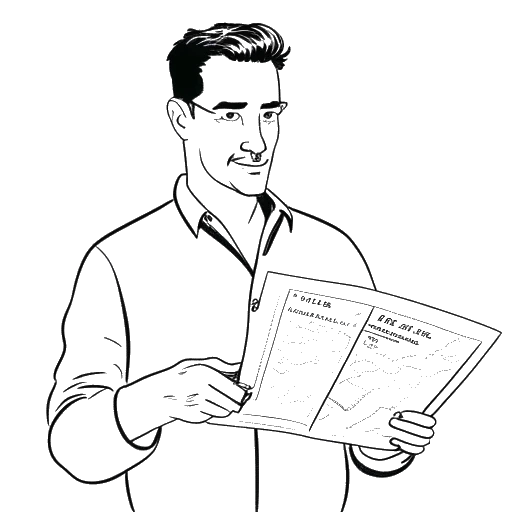Line art drawing of a man representing Jon Bellion holding a birth certificate and a map pointing to Lake Grove, NY, on a white background