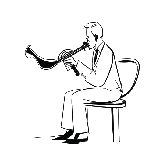 Dibujo en arte lineal de un hombre que representa a Jon Bellion trabajando en un estudio de música con una trompeta y una partitura musical, en un fondo blanco