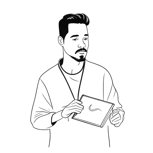 Line art drawing of a man representing Jon Bellion holding his debut album cover, on a white background