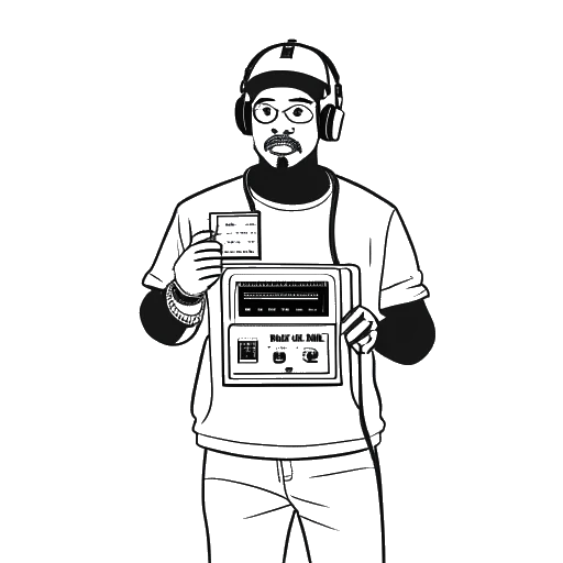 Line art drawing of a man representing Jon Bellion holding a mixtape with a large number on it, on a white background