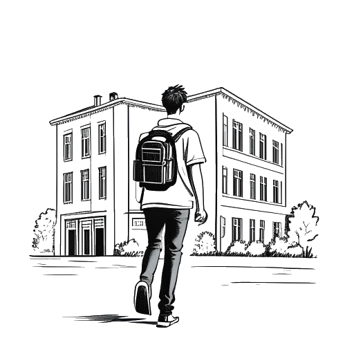 Line art drawing of a man representing Jon Bellion walking away from a college building with books in his hand, on a white background