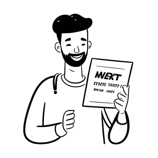 Line art drawing of a man representing Jon Bellion holding a certificate with 'Artist of the Month' written on it, on a white background