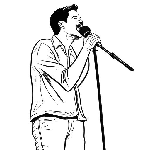 Line art drawing of a man representing Jon Bellion singing on stage with a microphone, on a white background