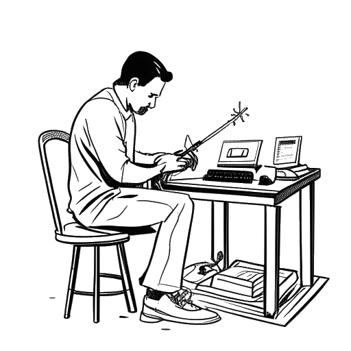 Strichmännchenzeichnung eines Mannes, der Jon Bellion darstellt und in einem Musikstudio arbeitet, mit einer Bibel und einem Kreuz im Hintergrund, auf weißem Hintergrund