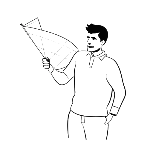 Line art drawing of a man representing Jon Bellion holding an Italian flag with a map pointing to Naples, on a white background