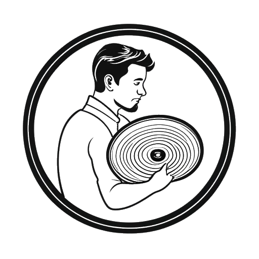 Line art drawing of a man representing Jon Bellion holding a record with a logo of 'Beautiful Mind Records' on it, on a white background