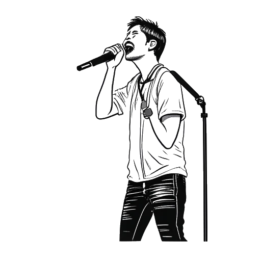 Line art drawing of a man representing Jon Bellion singing on stage with a banner of 'Twenty One Pilots' in the background, on a white background