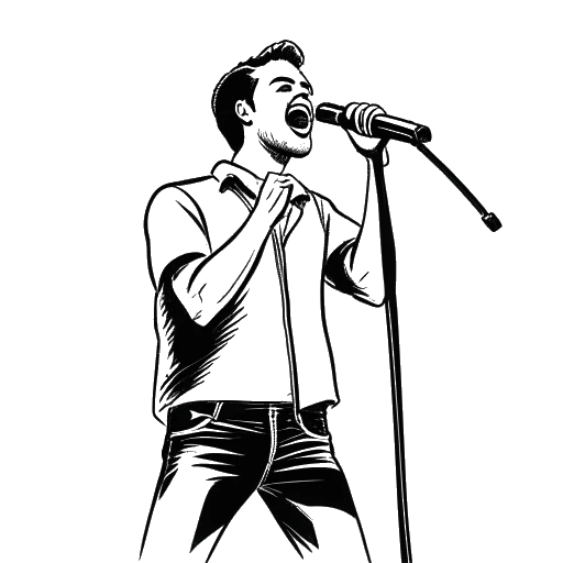 Disegno in arte lineare di un uomo che rappresenta Jon Bellion che canta sul palco con uno striscione di 'Today' sullo sfondo, su sfondo bianco
