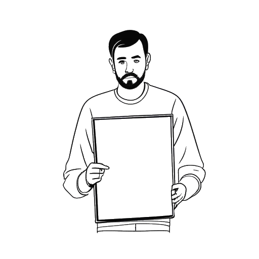 Disegno in arte lineare di un uomo che rappresenta Jon Bellion che tiene la copertina del suo secondo album, su sfondo bianco