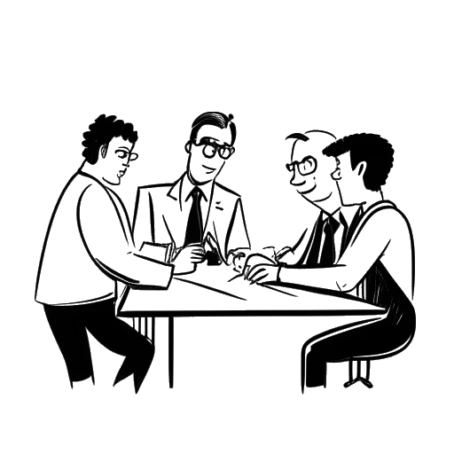 Line art drawing of a man representing Jon Bellion signing a contract with a band, on a white background