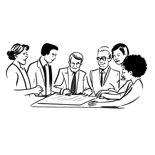 Line art drawing of a man representing Jon Bellion signing a contract with a group of people, on a white background