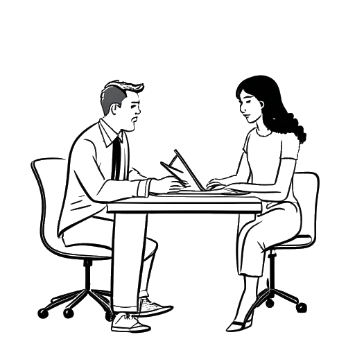 Line art drawing of a man representing Jon Bellion sitting at a desk working under a woman's guidance, on a white background