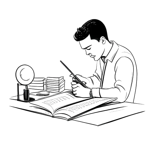 Disegno in arte lineare di un uomo che rappresenta Jon Bellion che scrive testi su un foglio con una nota musicale e due copertine di album sullo sfondo, su sfondo bianco