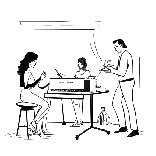 Line art drawing of a man representing Jon Bellion working in a music studio with two women's silhouettes and a Grammy award in the background, on a white background