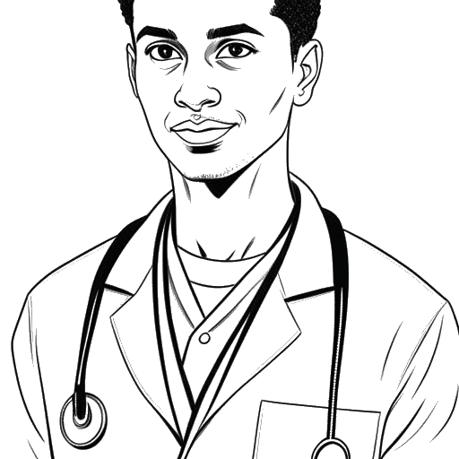 Strichzeichnung eines Mannes, der Aljosha Muttardi, deutscher Abstammung, repräsentiert. Er trägt einen weißen Laborkittel mit einem Stethoskop um den Hals, was seine medizinische Vorgeschichte symbolisiert. Seine Augen spiegeln seine Leidenschaft und Entschlossenheit wider. Die Zeichnung ist vor einem weißen Hintergrund platziert.