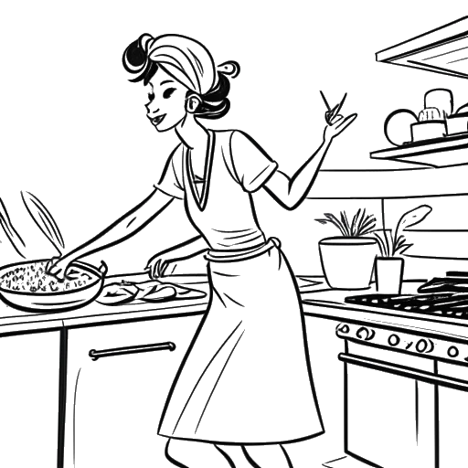 Strichzeichnung von Aljosha Muttardi beim Kochen in einer Küche, umgeben von Elementen des Tanzes im Hintergrund. Die Zeichnung repräsentiert seine Kreativität und Freude. Die Zeichnung ist vor einem weißen Hintergrund platziert.