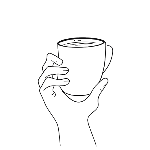 Strichzeichnung einer Person, die Aljosha Muttardi darstellt, die eine Kaffeetasse mit Hafermilch hält, und damit ihre Vorliebe für Kaffee mit Hafermilch symbolisiert.