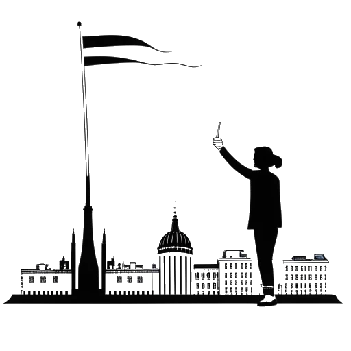 Strichzeichnung einer Person, die Aljosha Muttardi darstellt, die eine deutsche und eine englische Flagge hält, mit einer Hamburger Skyline im Hintergrund, und damit ihre Sprachkenntnisse in beiden Sprachen und ihren Wohnsitz in Hamburg symbolisiert.