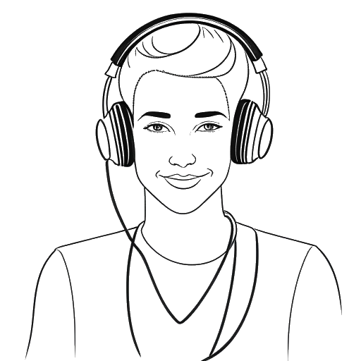 Strichzeichnung einer Person, die Aljosha Muttardi darstellt, die ein Headset trägt und ein Herz hält, und damit ihre Rolle als Gesundheitscoach bei Queer Eye Germany symbolisiert.