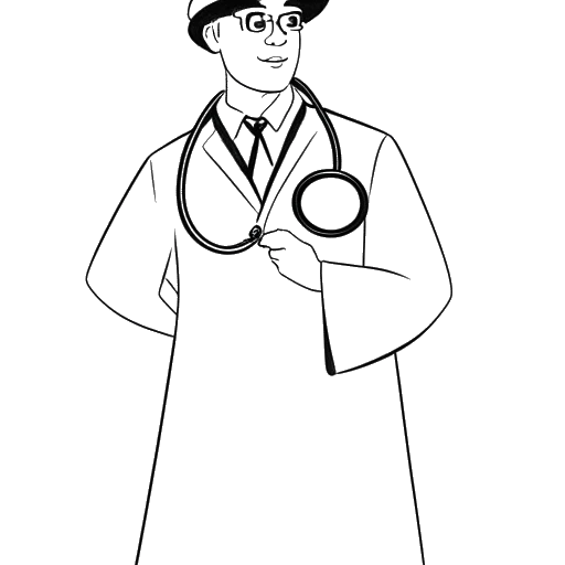 Strichzeichnung einer Person, die Aljosha Muttardi darstellt, die einen Arztkittel trägt, ein Stethoskop und eine Abschlusskappe hält und damit ihre Beendigung des Medizinstudiums und ihre Spezialisierung auf Anästhesie symbolisiert.