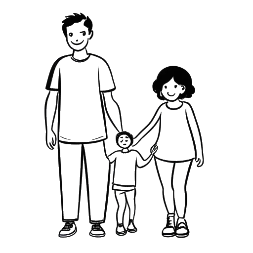 Line art drawing of a man, representing Pietro Lombardi, depicted in a family context with a woman and his child