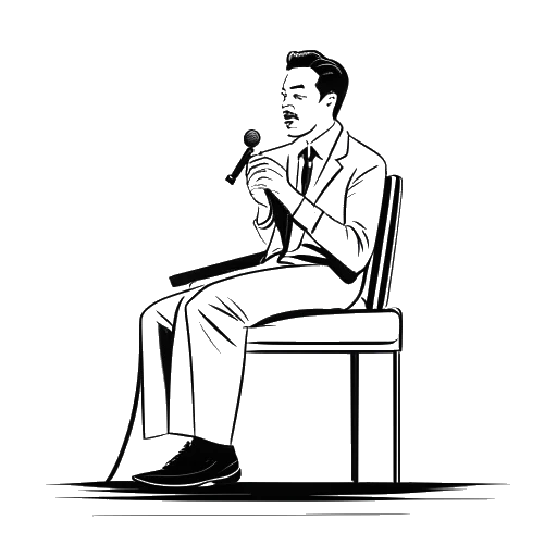Strichzeichnung eines Mannes, repräsentiert als Pietro Lombardi, der als Juror in einem Gesangswettbewerb sitzt, mit einem Logo einer Bekleidungsmarke neben ihm