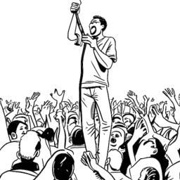 Strichzeichnung eines Mannes, dargestellt als Pietro Lombardi, der in ein Mikrofon singt und von einer enthusiastischen Menge umgeben ist