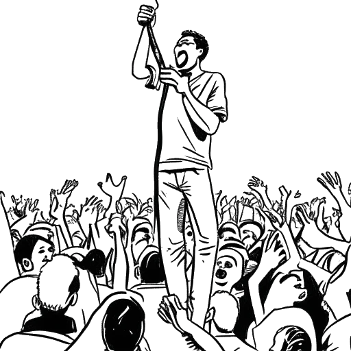 Line art drawing of a man, representing Pietro Lombardi, singing into a microphone with an enthusiastic crowd around him