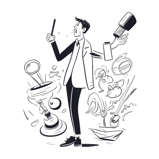 Line art drawing of a man, representing Pietro Lombardi, holding a microphone and a judge's gavel, with various clothing items swirling around him against a white backdrop.
