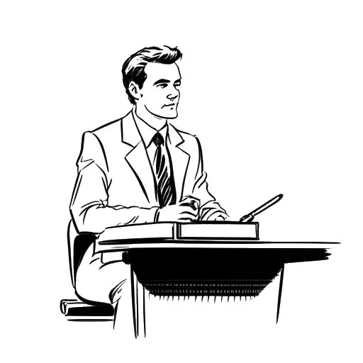 Line art drawing of a man, representing Pietro Lombardi, sitting at a judges' table on 'Deutschland sucht den Superstar', symbolizing his role as a judge after winning the show
