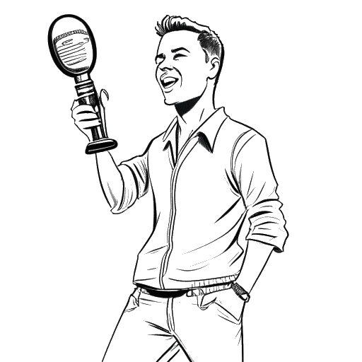 Line art drawing of a man, representing Pietro Lombardi, holding a microphone and a trophy, symbolizing his victory on 'Deutschland sucht den Superstar'