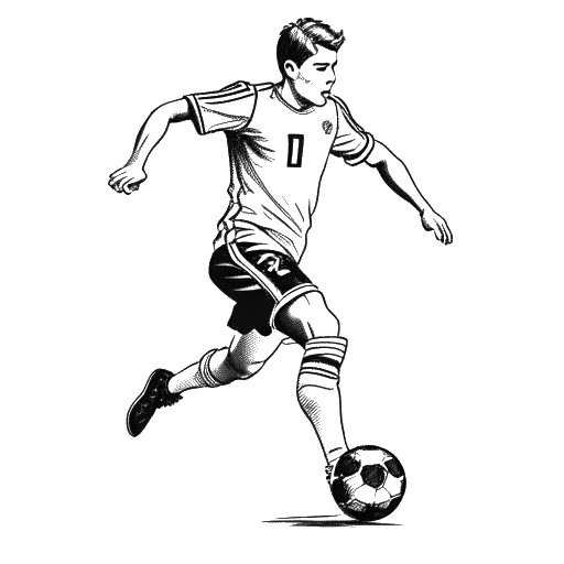 Line art drawing of a young man, representing Pietro Lombardi, playing football in a Karlsruher SC jersey during his early football career