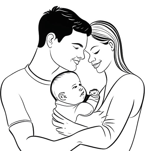 Strichzeichnung eines Paares, das Pietro Lombardi und Laura Maria Rypa darstellt, die ihren neugeborenen Sohn halten, was ihre Verlobung und den kürzlichen Familienzuwachs symbolisiert