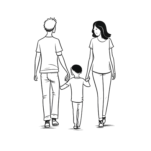 Line art drawing of a couple, representing Pietro Lombardi and Sarah Engels, holding hands with their young son, Alessio Elias