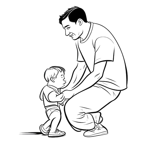 Strichzeichnung eines Mannes, der Pietro Lombardi darstellt, der mit seinem kleinen Sohn Alessio spielt, was ihre besondere Bindung symbolisiert