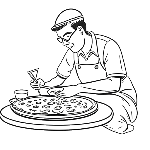 Strichzeichnung eines Mannes, der Pietro Lombardi darstellt, der eine Pizza bäckt und einen Stein in einem Schmuckstück setzt, was seine verschiedenen Jobs vor seinem musikalischen Erfolg symbolisiert