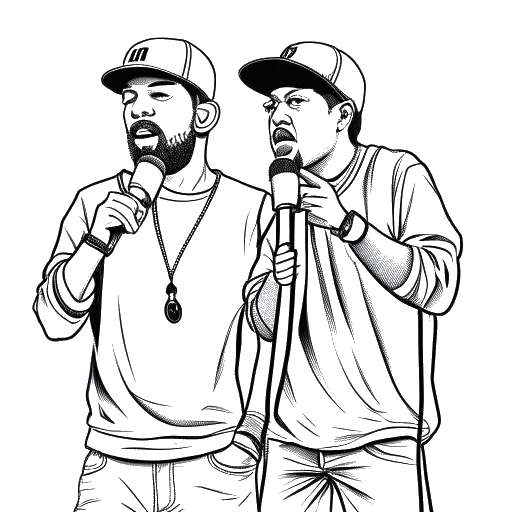 Line art drawing of a man and a rapper, representing Pietro Lombardi and Kay One, holding microphones and symbolizing their collaboration on the hit song 'Señorita'