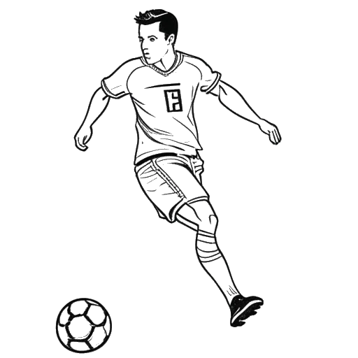 Line art drawing of a man, representing Pietro Lombardi, wearing a DJK Viktoria Frechen II jersey and playing soccer in the Kreisliga C league