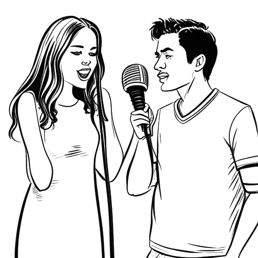 Strichzeichnung eines Paares, das Pietro Lombardi und Sarah Engels darstellt, die Mikrofone halten und ihre Zusammenarbeit an 'I Miss You' und ihr Duettalbum 'Dream Team' symbolisieren