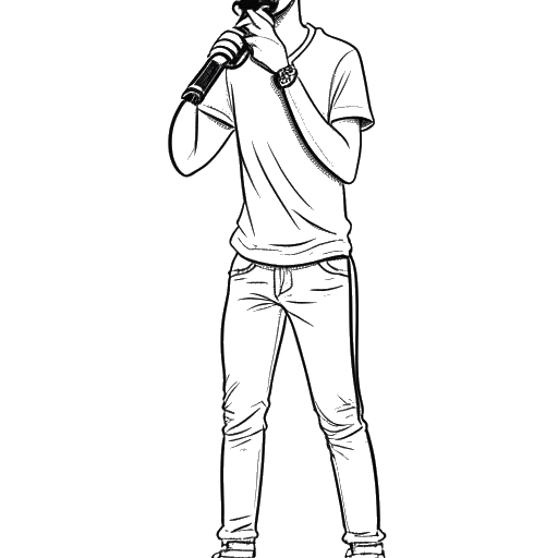 Line art drawing of a young man, representing Pietro Lombardi, with a leg cast holding a microphone, symbolizing his shift from football to music