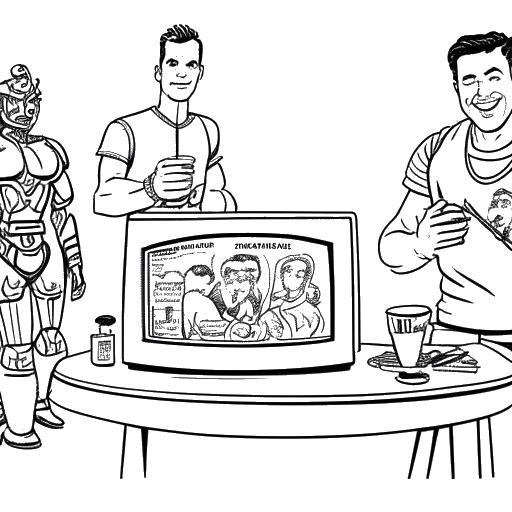 Strichzeichnung eines Mannes, der Pietro Lombardi darstellt, in verschiedenen Fernsehsendungen, einschließlich 'Grill den Henssler', 'Global Gladiators' und 'Clash! Boom! Bang!', was seine vielfältigen Fernsehauftritte symbolisiert