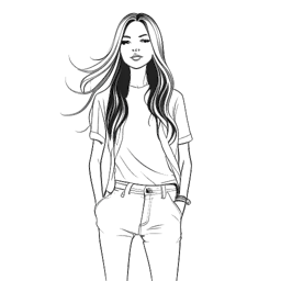 Strichzeichnung eines Mädchens, das Kaia Gerber darstellt, mit langen Haaren in einer stilvollen Pose, die hochwertige Modekleidung präsentiert.